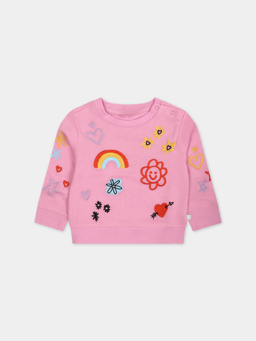 Pink sweatshirt for baby girl with all-over multicolor embroidery